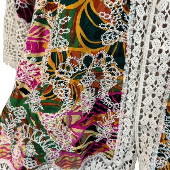 Democracy 1X-Large Kimono Cardigan Open-Front Crochet Embroidered 3/4 Sleeves - Picture 2 of 9